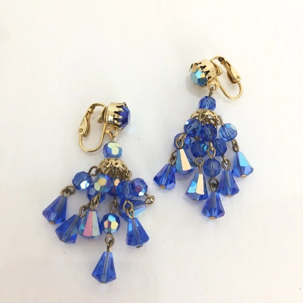 Vintage Hattie Carnegie Signed Austrian Crystal Blue Chandelier Clip Earrings